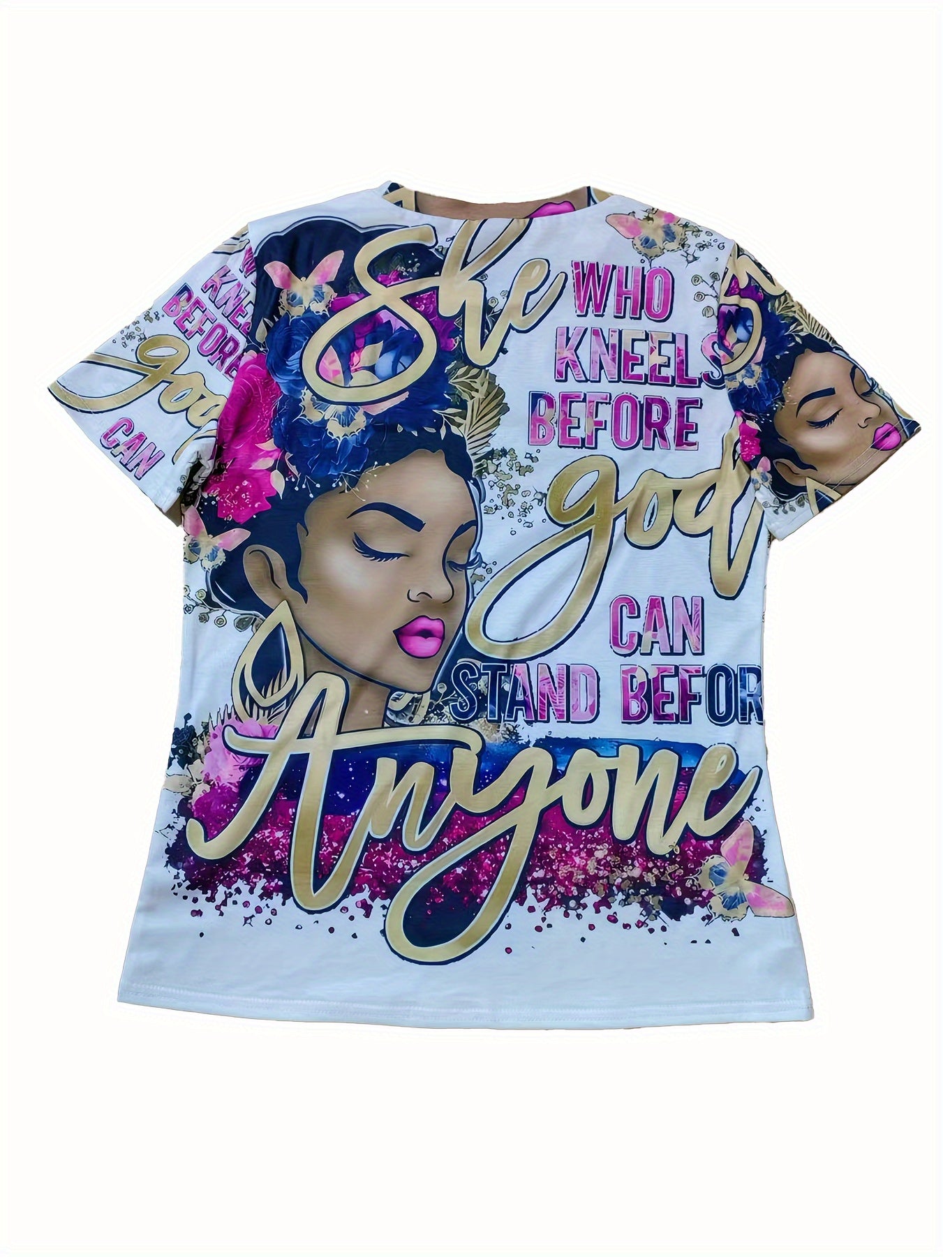 Women's Plus Size White T-Shirt - Inspirational Portrait Print with Floral & Butterfly Design, High Elasticity Regular Fit Casual Top for Spring Summer Fall, Ladies T Shirts, Seasonal Fashion, Contrast Color Design, Pullover